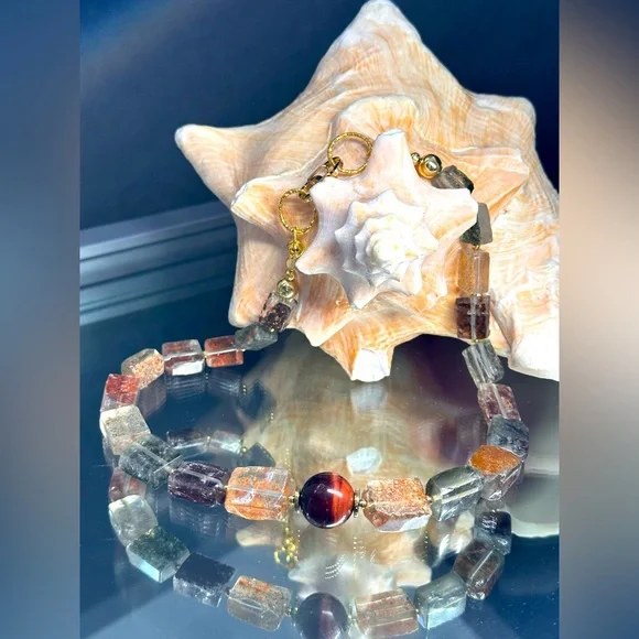 GOLDEN PHANTOM QUARTZ + TIGERS EYE STONES NATURAL NECKLACE - Picture 2 of 16